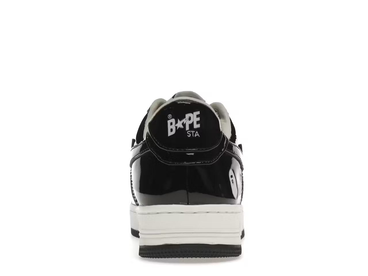 A Bathing Ape Bape Sta Low sneakers in the black and white patent leather colorway