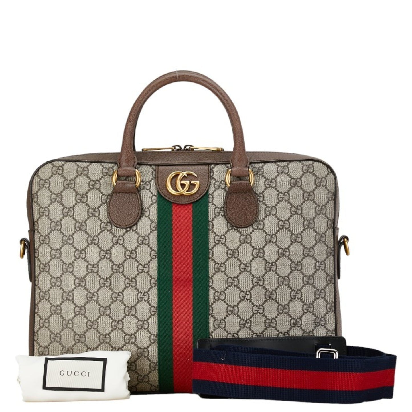 Gucci Ophidia GG briefcase, a vintage-inspired bag crafted from GG Supreme canvas featuring the iconic green and red Web stripe