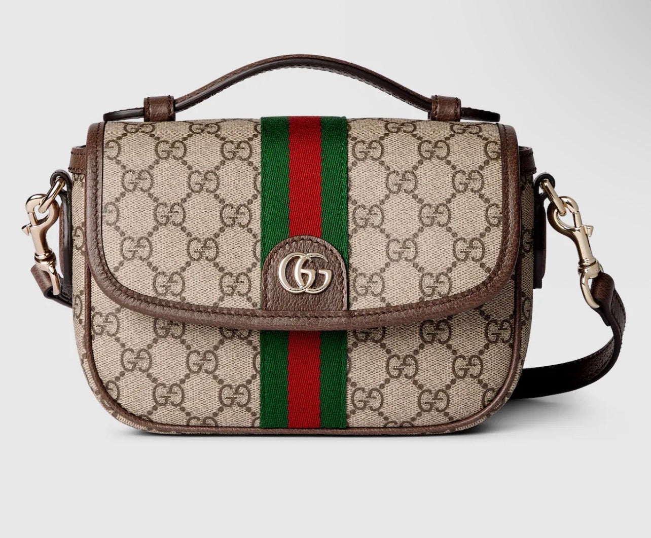 Gucci Ophidia mini shoulder bag beige and ebony GG Supreme canvas with brown leather trim and a green and red Web strip