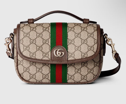 Gucci Ophidia mini shoulder bag beige and ebony GG Supreme canvas with brown leather trim and a green and red Web strip