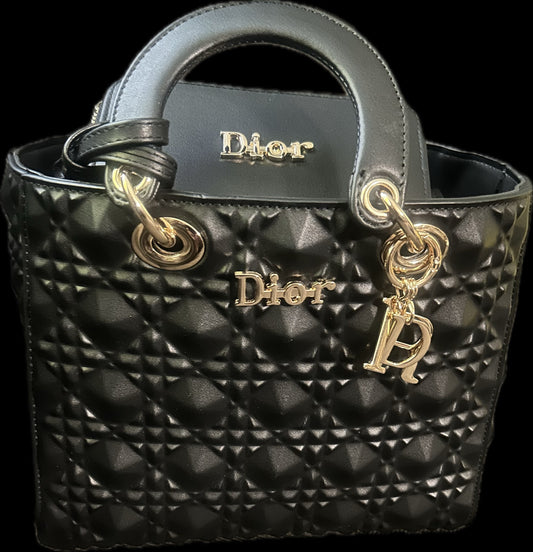 Christian Dior Medium Lady Dior in Black Lambskin Cannage with Shiny Gold and Wallet