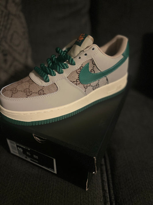 Custom Nike Air Force 1 shoes featuring a Gucci monogram design