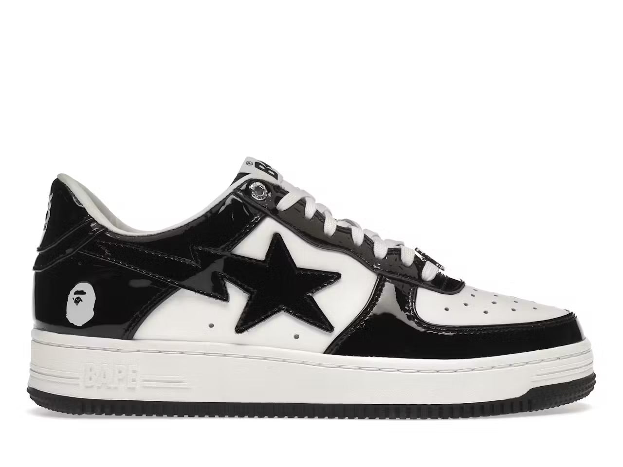 A Bathing Ape Bape Sta Low sneakers in the black and white patent leather colorway