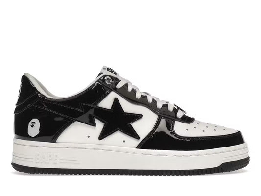 A Bathing Ape Bape Sta Low sneakers in the black and white patent leather colorway