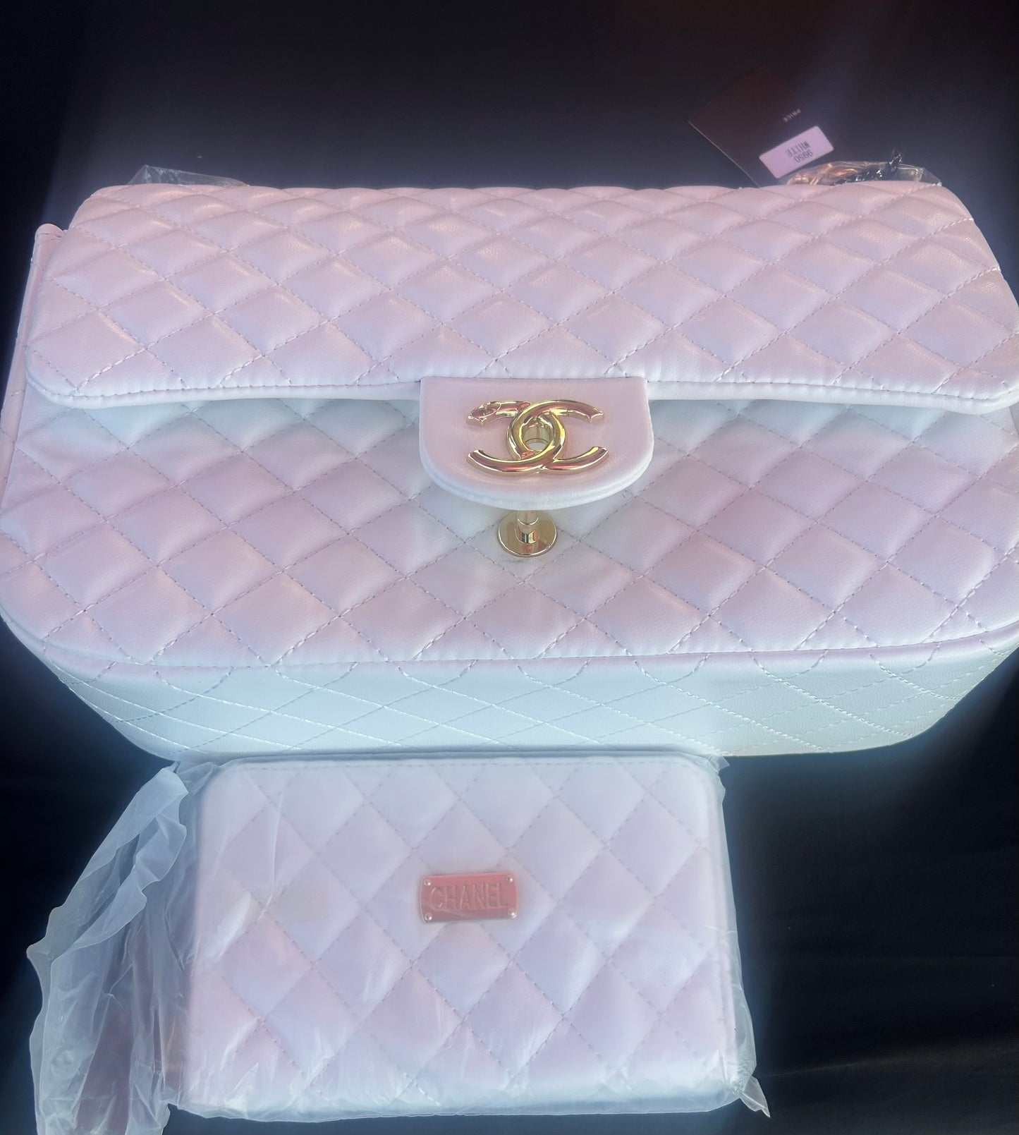 Chanel Classic Double Flap Bag in white caviar leather with gold-tone hardware and wallet