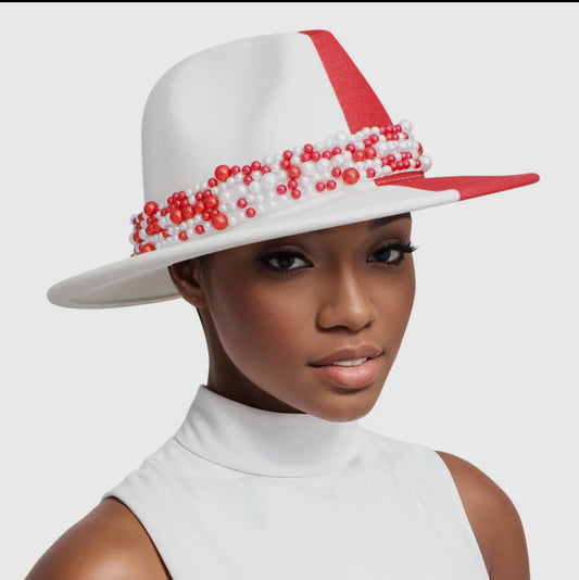 DST Sorority Red White Fedora Pearl Hat