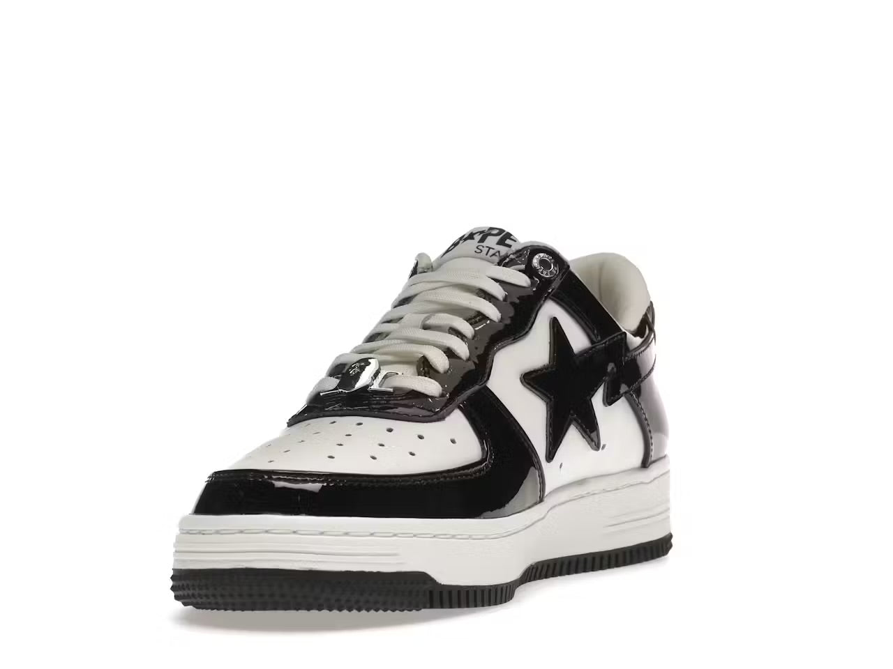 A Bathing Ape Bape Sta Low sneakers in the black and white patent leather colorway