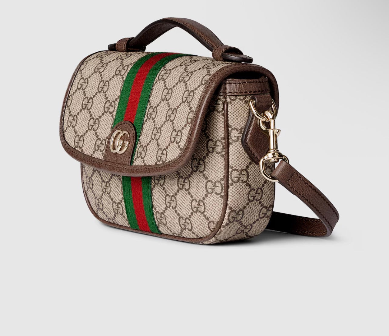Gucci Ophidia mini shoulder bag beige and ebony GG Supreme canvas with brown leather trim and a green and red Web strip