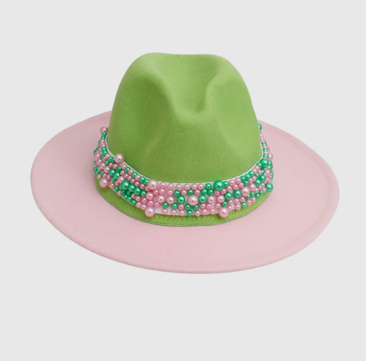 AKA Sorority Pink Green Top Fedora Pearl Hat Women