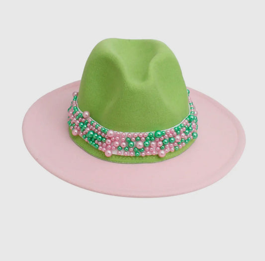 AKA Sorority Pink Green Top Fedora Pearl Hat Women