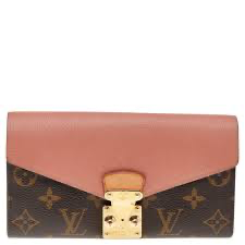 Louis Vuitton Pallas Chain Wallet featuring the signature Monogram canvas combined with brown leather