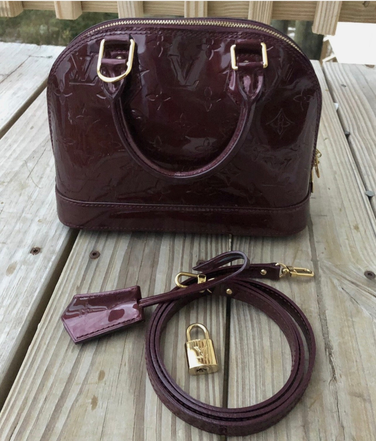 Louis Vuitton Alma B Crossbody Handbag Monogram Vernis Patented Leather