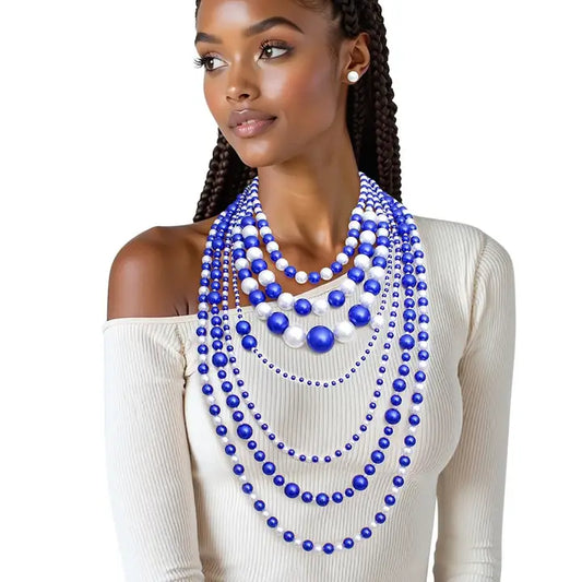 ZPB Blue White 7 Strand Pearl Necklace Blue White W/ Earrings Set