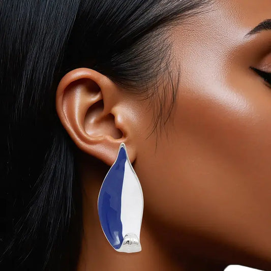 Zpb Sorority Curved Leaf Blue White Painted Studs Blue and White, Rhodium