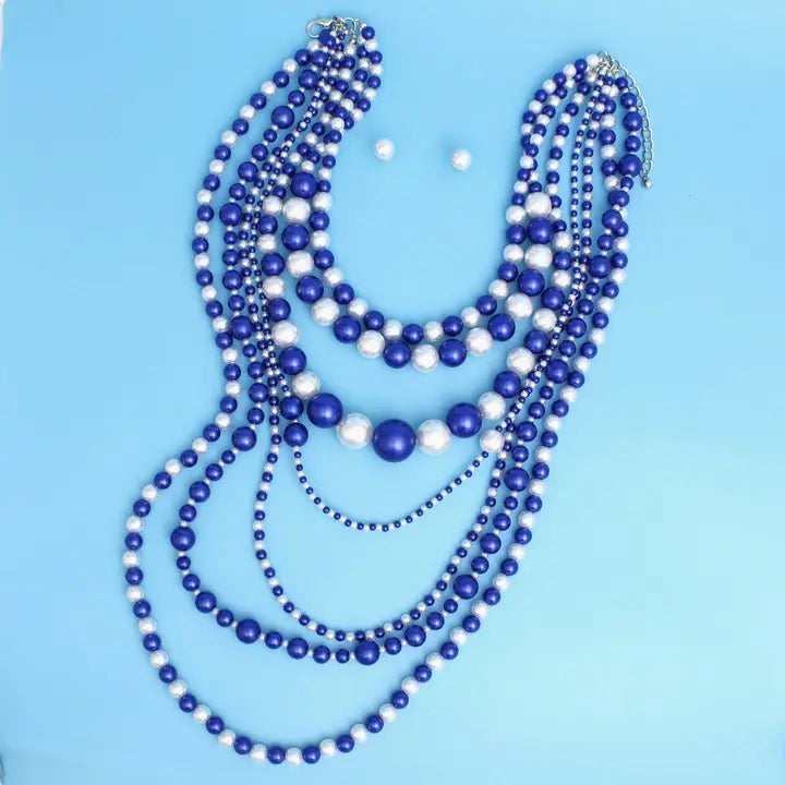 ZPB Blue White 7 Strand Pearl Necklace Blue White W/ Earrings Set